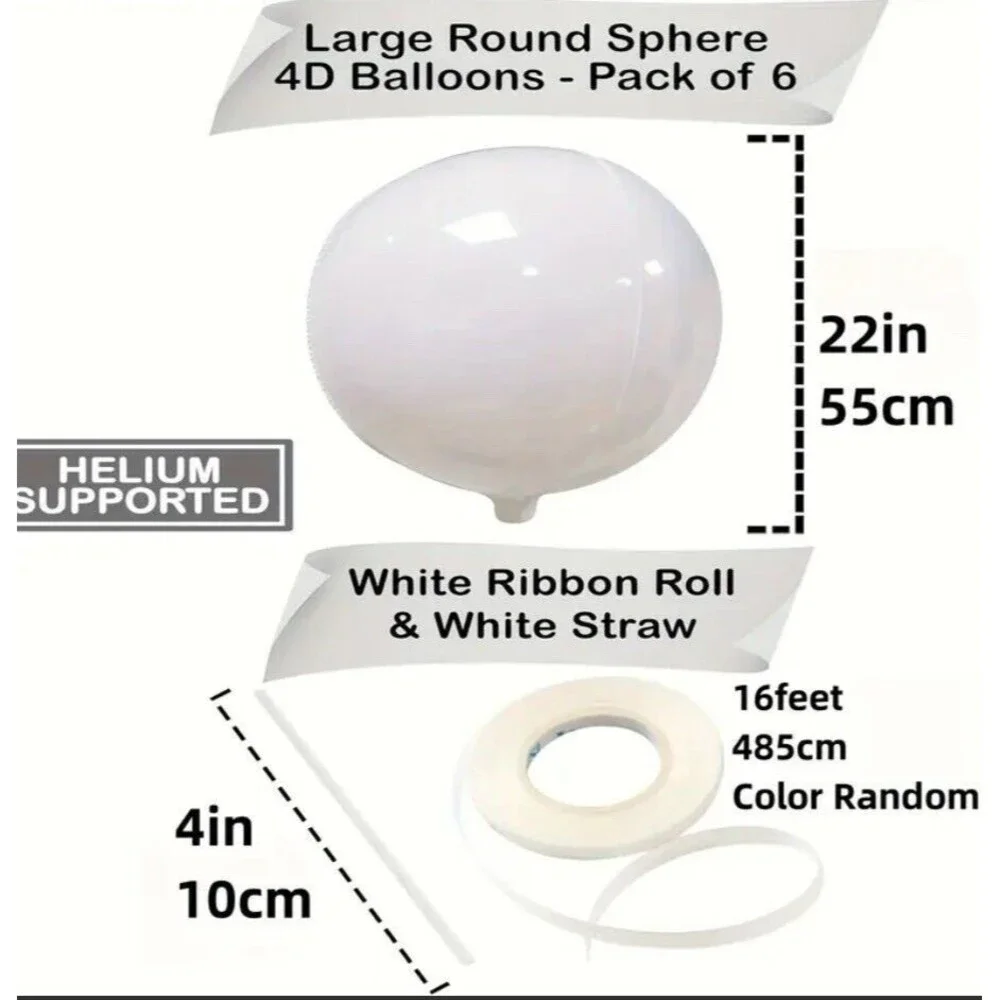 6 Piece 22in Giant Metalized White Nylon Durable 4D Foil Party Balloons Reusable